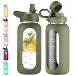 Civago 32 Oz Glass Water Bottle With Straw And Handle Large Sports Motivational Water Bottle Flask With Time Marker Leakproof Wa