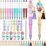 Tinlade 12 Pieces Beadable Pens Bulk With 50 Pcs Assorted Colors Beads Pens Diy Making Kit Multicolor Ballpoint Black Ink For Wo