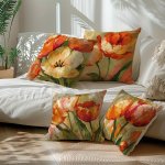 Spring Tulip Flower Pattern Throw Pillow Covers Set Of 4 Contemporary Style Machine Washable Zipper Closure Decorative Woven Pol