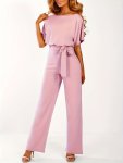 Solid Color Crew Neck Keyhole Jumpsuit Casual Simple Short Sleeve Jumpsuit For Spring & Summer Women's Clothing