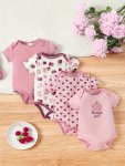 4PCS Baby's Cartoon Fruit Pattern Cotton Triangle Bodysuit Casual Short Sleeve Romper Toddler & Infant Girl's Onesie For Summer