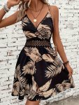 Palm Leaf Spaghetti Strap Dress Vacation Style Lace Stitching Dress For Spring & Summer Women's Clothing