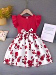 Elegant Rose Spliced Print Ruffle Sleeveless Dress For Girls Bow Waist Color Spliced Casual Dresses Gift