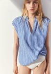 Frill-trimmed Cotton Blouse - Blue Striped