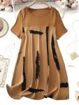 Plus Size Brush Print Loose Dress Casual Short Sleeve Dress For Spring & Summer Women's Plus Size Clothing