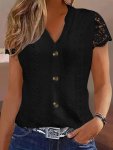 Solid Lace Splicing Notched Neck Top Casual Eyelet Single Breasted Top For Spring & Summer Women's Clothing