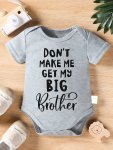 Don't Make Me Get My Big Brother Print Newborn Baby Girls' Casual & Comfy Short Sleeve Crew Neck Onesie Romper For Spring & Summ