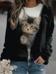 CAT Print Pullover Sweatshirt Casual Long Sleeve Crew Neck Sweatshirt Women's Clothing