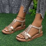 Elegant Boho Chic Women's Wedge Sandals With Rhinestone Accents Open Toe Elastic Ankle Strap - Versatile For All Seasons