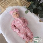 Baby Grow With Beanie And Bow Dusty Pink Leaf Print