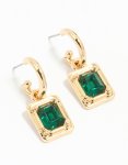 Goldair Gold Green Diamante Rectangle Drop Huggie Earrings