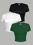 3-PACK Solid Crew Neck T-Shirt Casual Short Sleeve Crop Top For Spring & Summer Women's Clothing