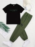 2PCS Boys Casual Los Angeles Letter Graphic Print Short Sleeve T-Shirt & Cargo Pants Set Comfy Boys Clothes