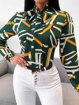 Geo Print Tie Neck Blouse Elegant Long Sleeve Blouse For Spring & Fall Women's Clothing