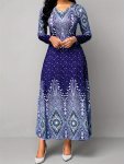 Vintage Graphic V-neck Slim Dress Elegant Long Sleeve Ruffle Hem Dress For Spring & Fall Women's Clothing