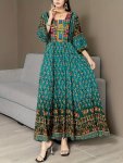 Ethnic Floral Pattern Maxi Dress Boho Square Neck 3 4 Sleeve Dress Women's Clothing