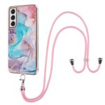 For Samsung Galaxy S21 Fe Electroplating Pattern Imd Tpu Shockproof Case With Neck Lanyard Milky Way Blue Marble