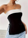 Contrast Trim Split Hem Tube Top Elegant Sleeveless Strapless Colorblock Slim Top Women's Clothing