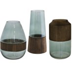 Set Of Three Tamworth Green Glass And Brown Wood Modern Vases