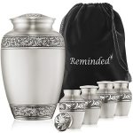 Reminded Set Of 5 Floral Cremation Urns For Human Ashes - 1 Brass Adult + 4 Keepsake Token Size Silver