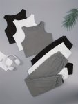 3 Sets Simple Solid Lounge Set Elastic Waistband Pants & Crew Neck Tank Top Women's Loungewear & Sleepwear