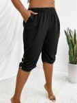 Plus Size Button Decor Ruched Capri Pants Casual Elastic Waist Pants For Spring & Summer Women's Plus Size Clothing
