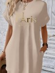 Paris Print Crew Neck Dress Casual Short Sleeve Dual Pockets Loose Fit Dress For Spring & Summer Women's Clothing