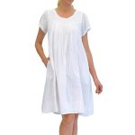 La Cera Women's Gown Short Sleeve Elegant And Simple Design With Two Side Pockets 100% Cotton White
