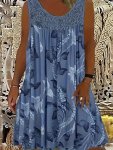 Plus Size Lace Stitching Plant Print Ruched Tank Dress Casual Sleeveless Dress For Spring & Summer Women's Plus Size Clothing