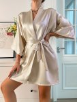 Elegant Solid Satin Night Robes Comfy Three Quarter Sleeve Robe With Belt Women's Loungewear & Sleepwear For Fall