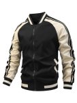Men's Color Matching Striped Jacket With Pockets Casual Breathable Baseball Collar Zip Up Long Sleeve Outwear For Outdoor