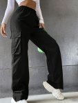 Flap Pockets Elastic Waist Pants Casual Solid Color Cargo Pants For Spring & Summer Women's Clothing