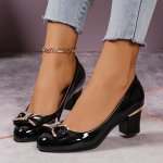 Women's Bowknot Decor Chunky Heels Elegant Slip On Dress Pumps Women's Comfortable Heels