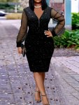 Elegant V-neck Long Sleeve Bodycon Dress With Sequin Detailing Sheer Mesh Panel Polyester Elastane Knit Fabric - All-season Part