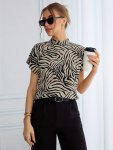 Abstract Print Mick Neck Blouse Elegant Short Sleeve Blouse For Spring & Summer Women's Clothing