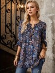 Allover Print Notched Neck Blouse Casual Long Sleeve Blouse For Spring & Fall Women's Clothing