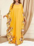 Ramadan Floral Print Crew Neck Kaftan Elegant Batwing Sleeve Split Maxi Dress Women's Clothing