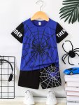 2PCS Boys Casual Letter And Spider Web Print Comfortable Versatile Short Sleeve T-Shirt & Shorts Set Cool Lightweight And Comfy