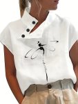 Dragonfly Print Skew Button Blouse Elegant Short Sleeve Top For Spring & Summer Women's Clothing
