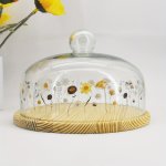 1PC Tray 9.65'' About 24.5CM Wooden Cake Stand With 8.85'' About 22.5CM Glass Dome Cover Cupcake Display Board With Lid Cake Sta