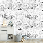 Monochrome Peony Wallpaper - 1.2M Wide X 3M High Non-adhesive Requires Wallpaper Glue