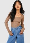 Mixed Rib Square Neck Knitted Top - Taupe