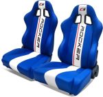 Hyper Glory Universal Pairs Of Racing Seat With Dual Sliders Pu Leather Reclinable Bucket Seat Blue+white Stripe Logo-flat Style