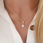 Gemma 925 Sterling Silver Glass Pearl Necklace 8MM On 45CM Rolo Chain