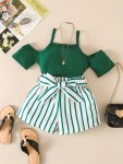 2PCS Girl's Outfit Elegant Cold Shoulder Short Sleeve Top + Stripe Shorts Comfy Casual Set Vacation Summer Clothes