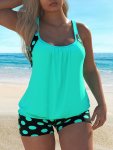 Polka Dot Print 2 Piece Set Tankini Round Neck Boxer Short Bottom Swimsuits Women's Swimwear & Clothing