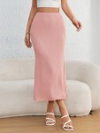 Textured Solid Color High Waist Skirt Elegant Lettuce Trim Slim Midi Skirt For Spring & Summer Women's Clothing