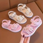 Peyour Trendy Cute Flower Decor Open Toe Sandals For Girls Breathable Lightweight Sandals For Indoor Outdoor Beach Holiday