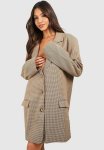 Oversized Single Breasted Check Blazer Dress - Brown