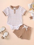 2PCS Baby's Stripe Pattern Ribbed Summer Set Short Sleeve Onesie & Casual Shorts Baby Boy's Clothing As Gift